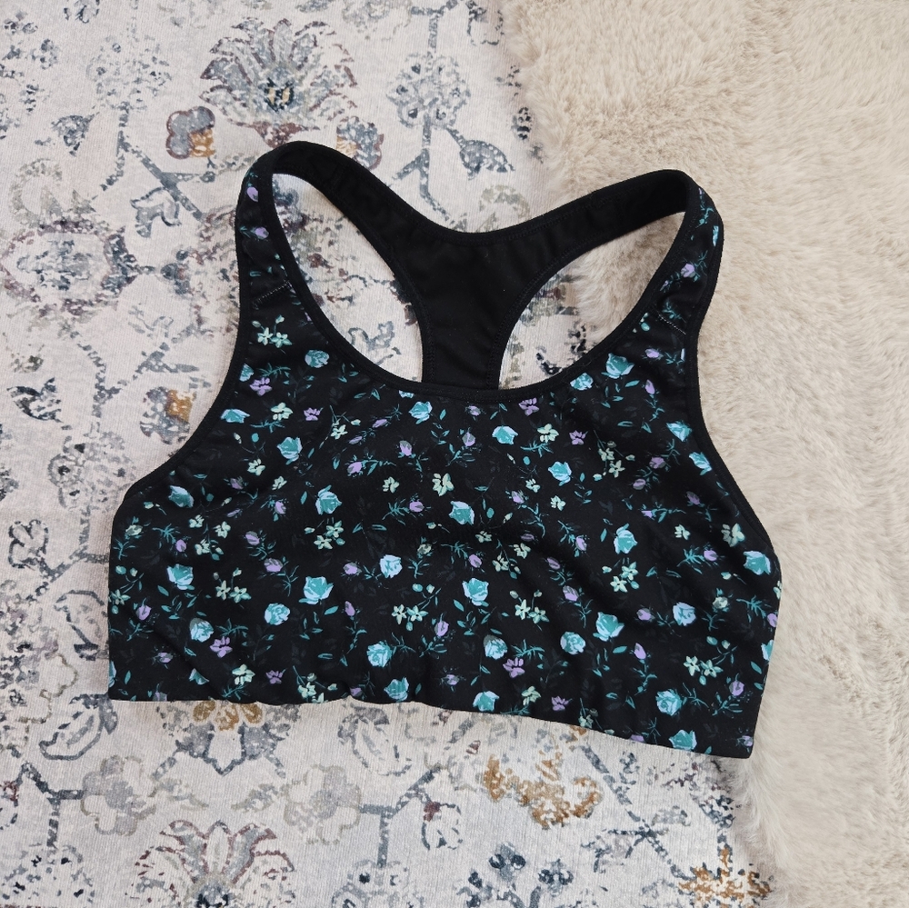 Old Navy Active Black Blue Floral Sports Bra Women Large